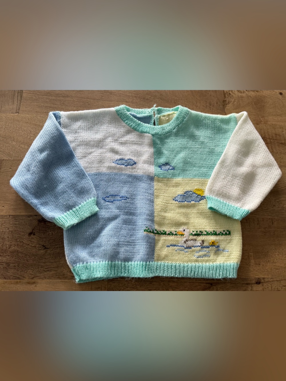 Vintage handmade Pastel Patchwork Knit Sweater with Duck Motif crochet